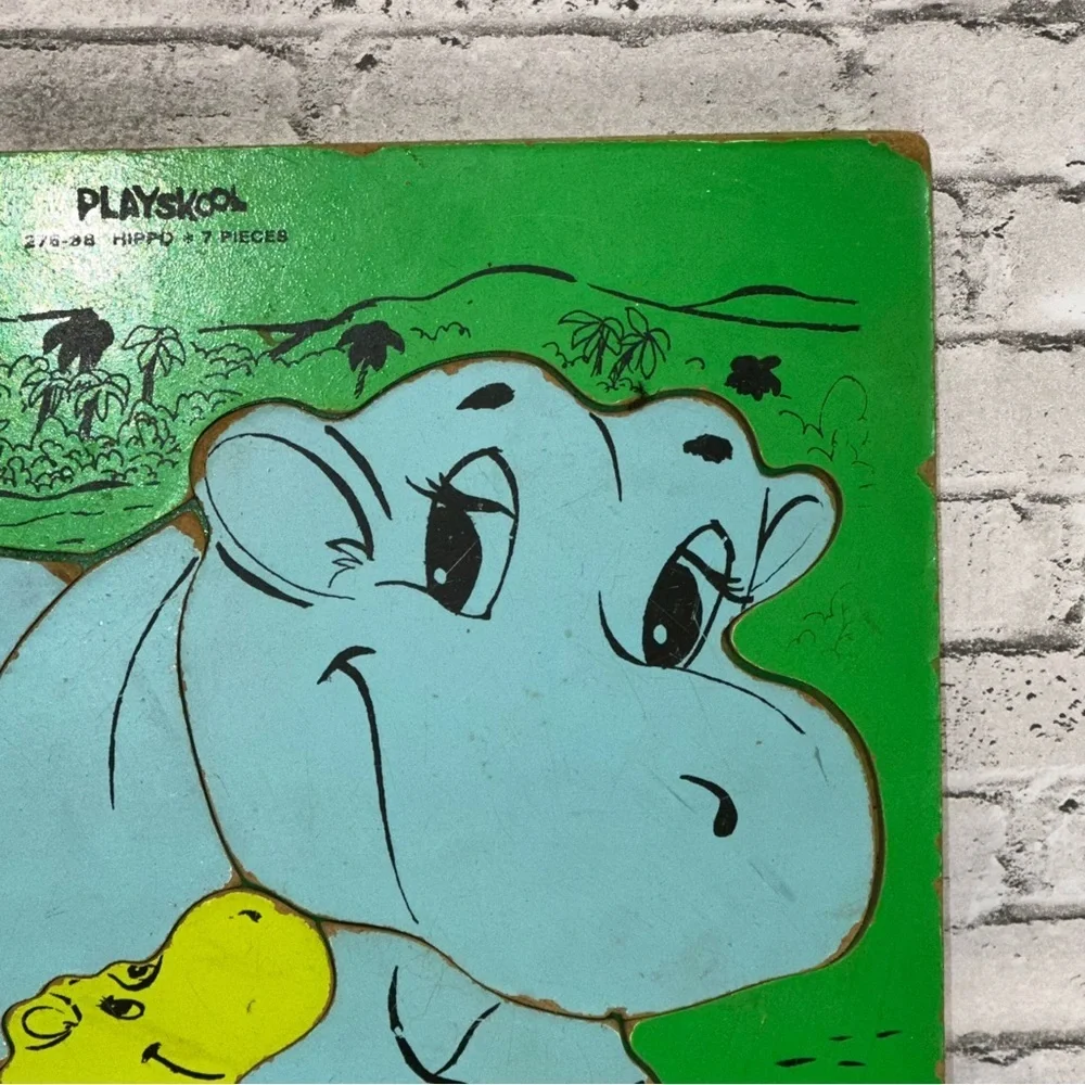 Playskool Vintage HIPPO Wooden 7 Pieces Puzzle Heavy Jigsaw Preschool COMPLETE